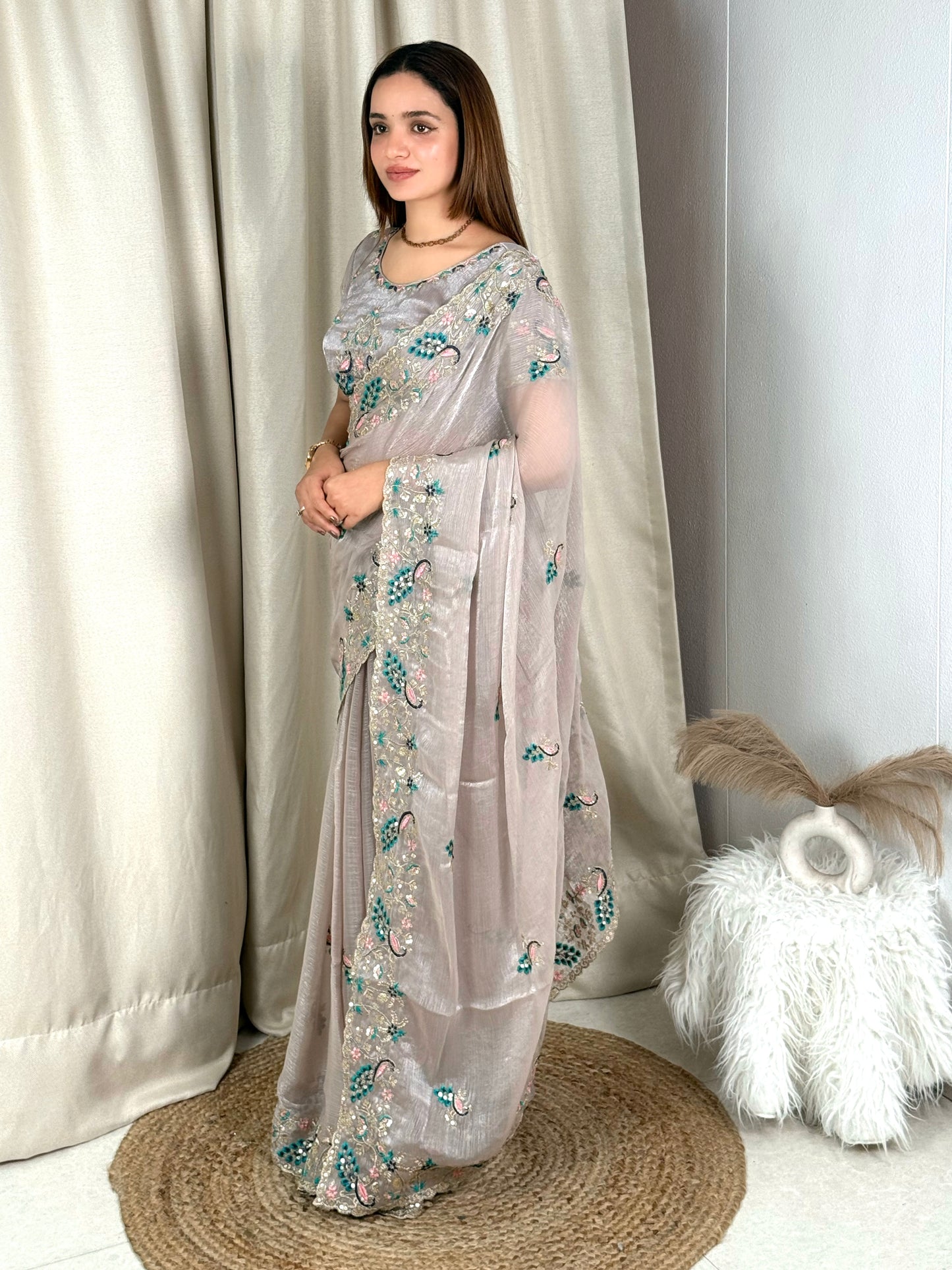 Fandy chiffon Sequins & multi thread embroidered work in saree