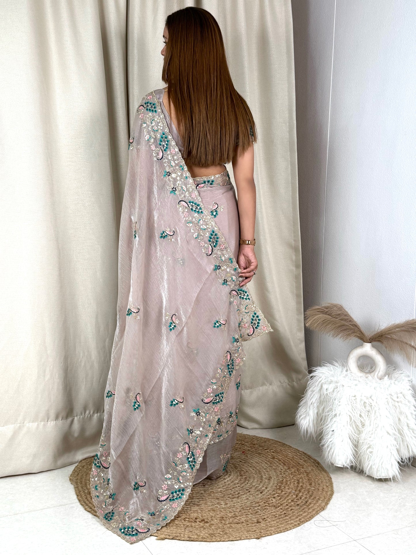 Fandy chiffon Sequins & multi thread embroidered work in saree