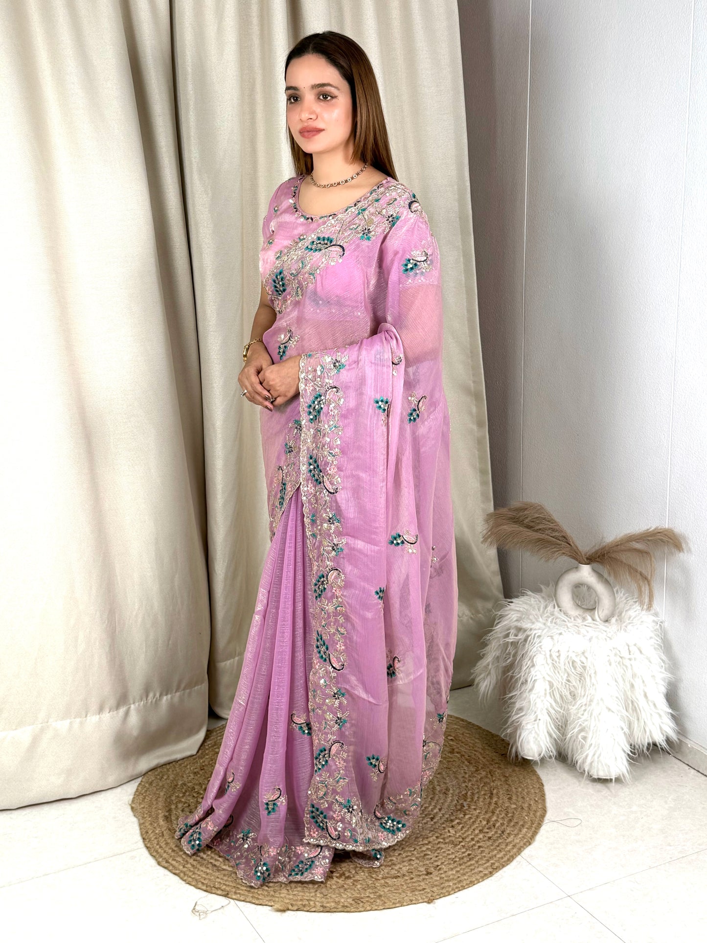 Fandy chiffon Sequins & multi thread embroidered work in saree