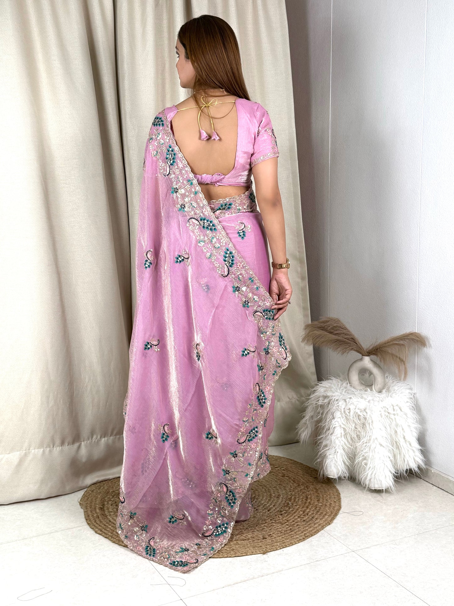 Fandy chiffon Sequins & multi thread embroidered work in saree