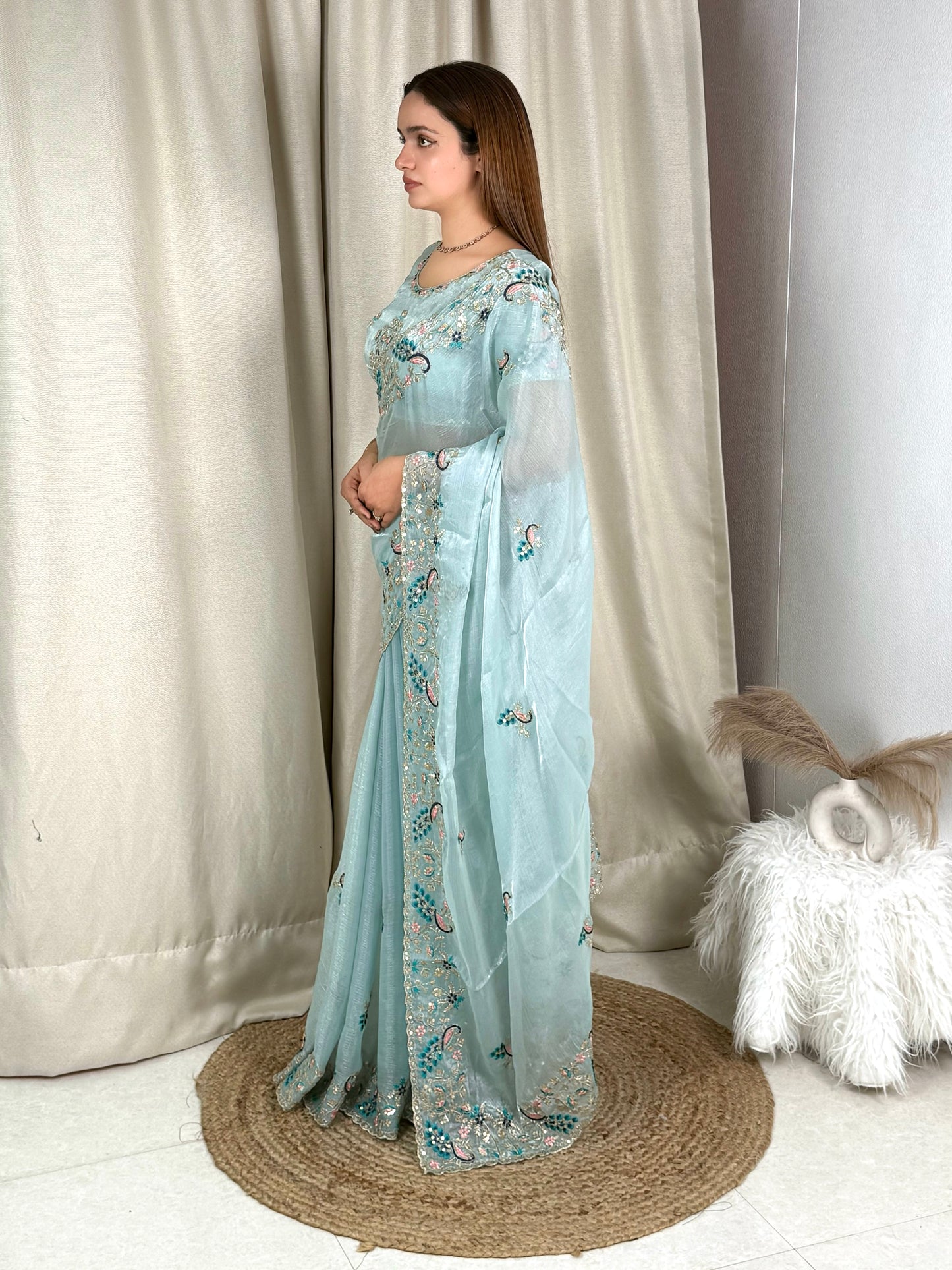 Fandy chiffon Sequins & multi thread embroidered work in saree