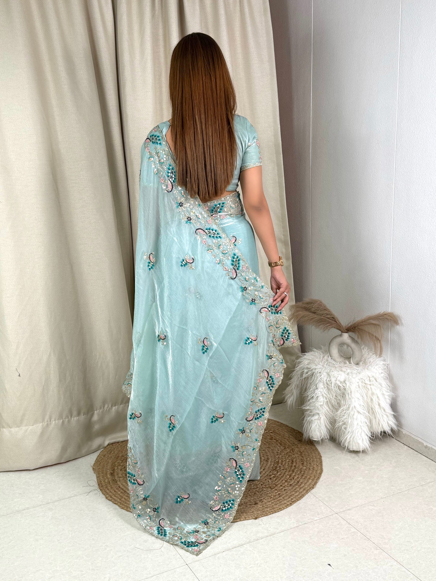 Fandy chiffon Sequins & multi thread embroidered work in saree