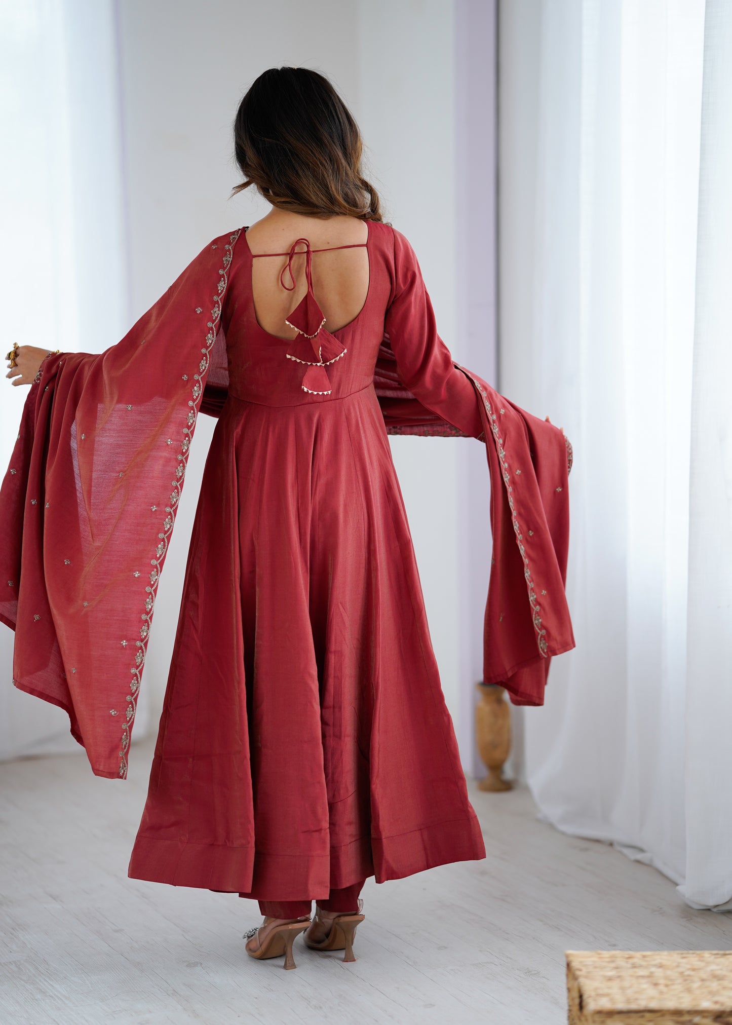 HEAVY PURE ROMAN SHIMMER CHANDERI SILK FABRIC ANARKALI