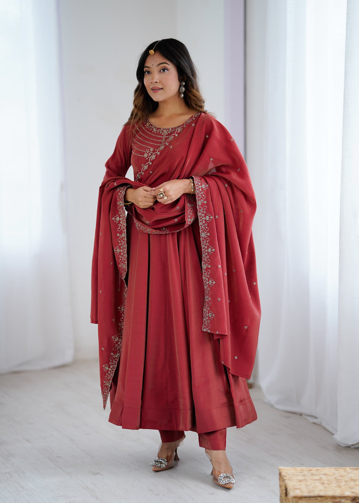 HEAVY PURE ROMAN SHIMMER CHANDERI SILK FABRIC ANARKALI