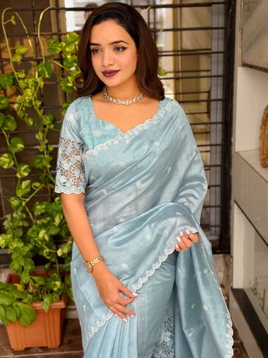 Tusser cotton Thread Embroidery work in saree