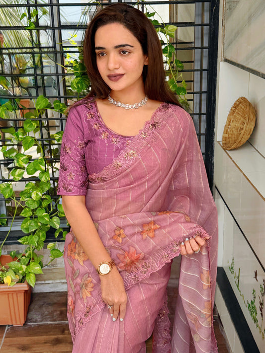 Sequin & thread embroidered work with zari jacquard weaving saree