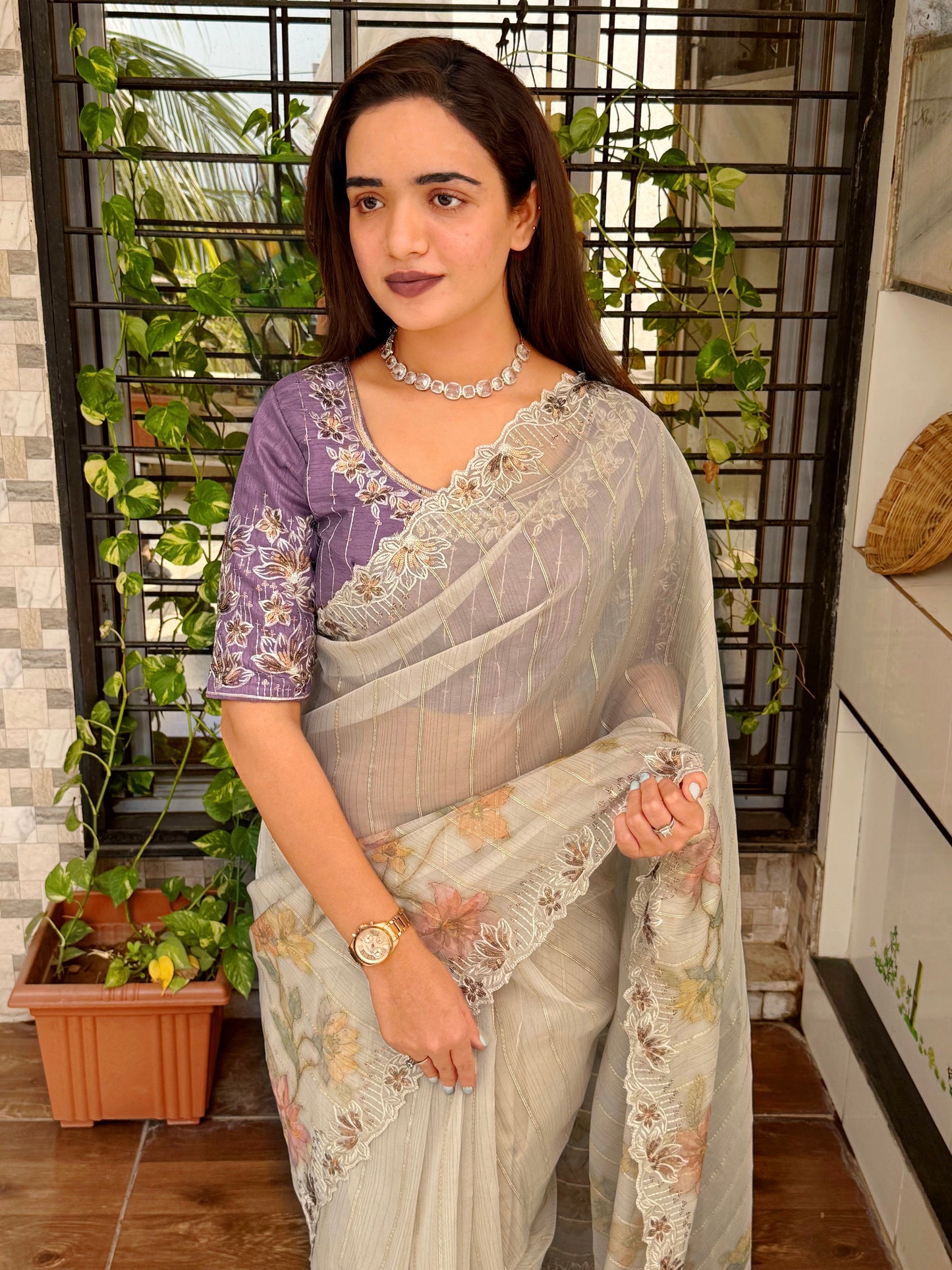 Sequin & thread embroidered work with zari jacquard weaving saree