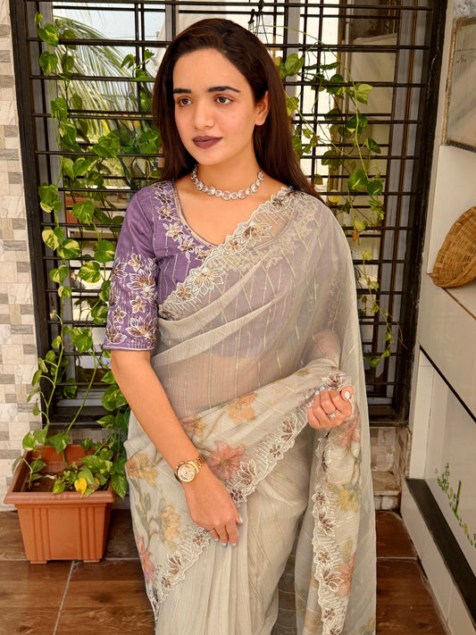 Sequin & thread embroidered work with zari jacquard weaving saree