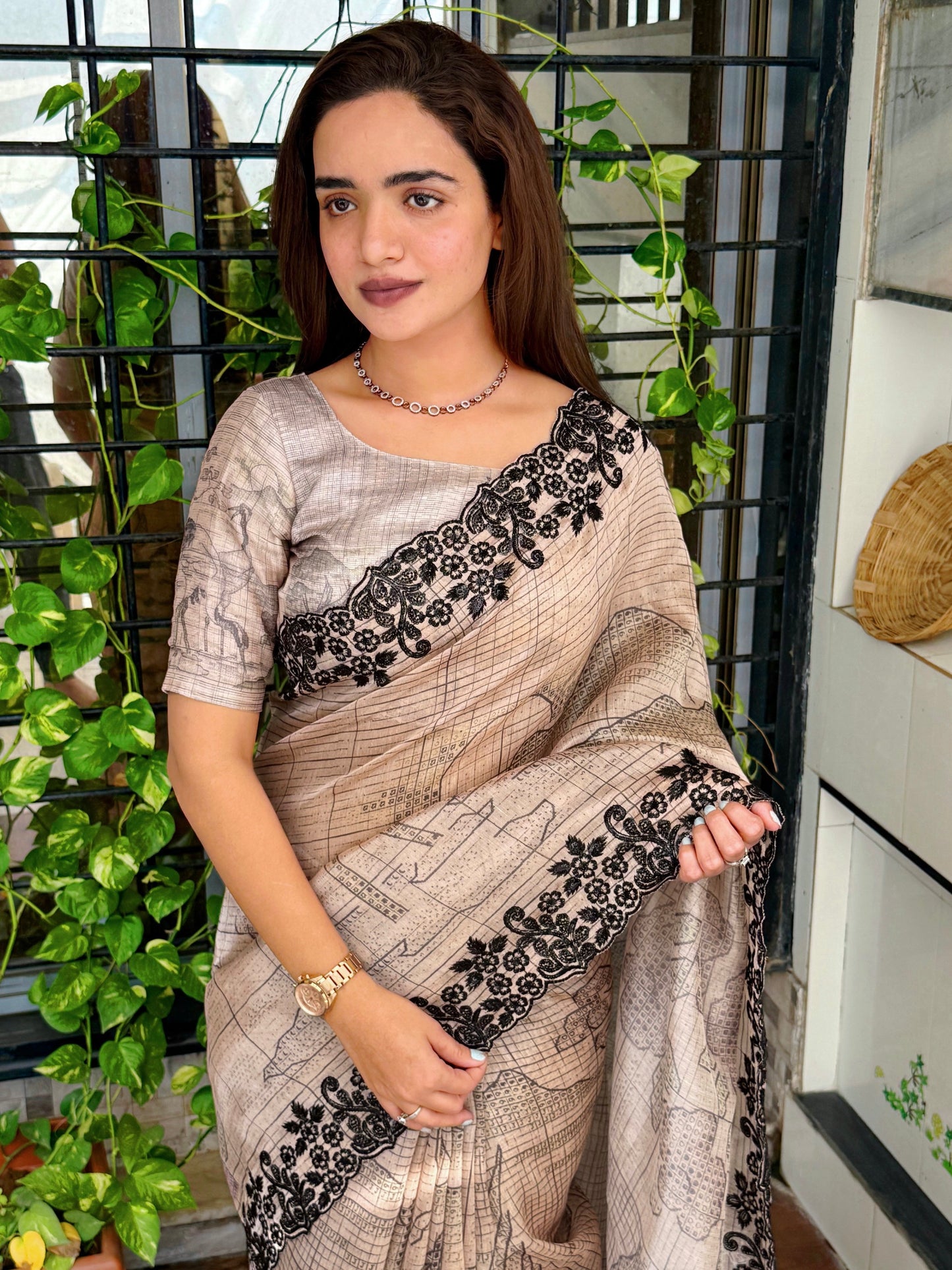 Digital print Black sequins Embroidered work Saree