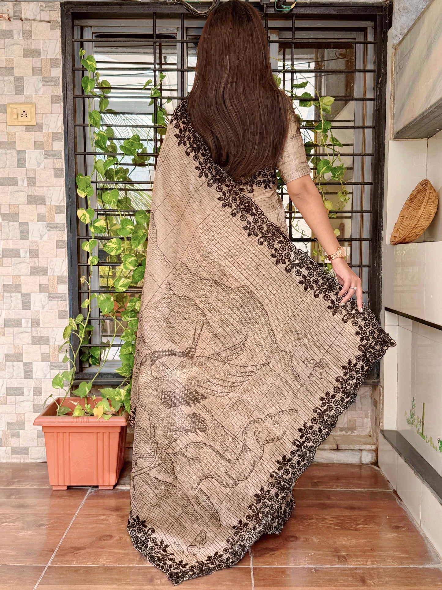 Digital print Black sequins Embroidered work Saree