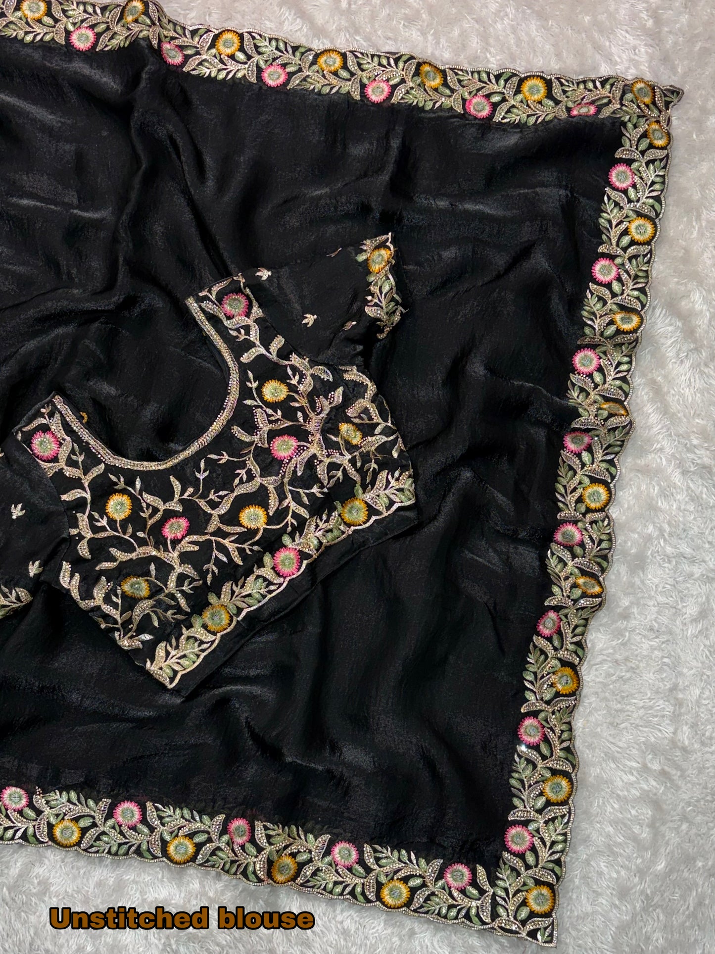 fandy satin saree adorned with intricate zari embroidered choli
