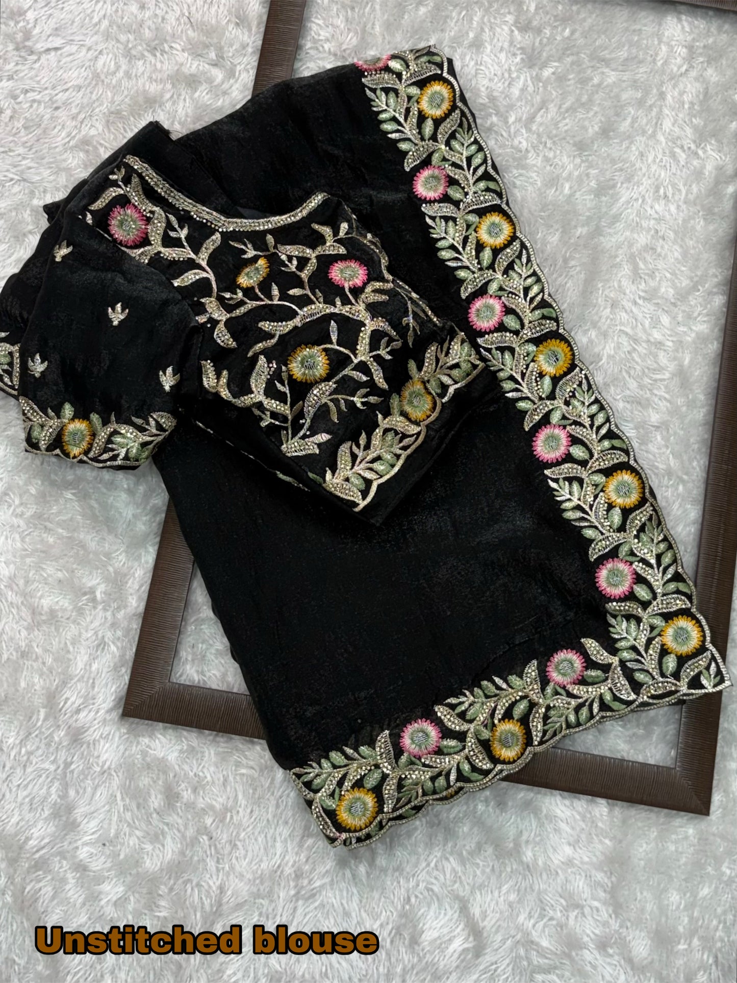 fandy satin saree adorned with intricate zari embroidered choli