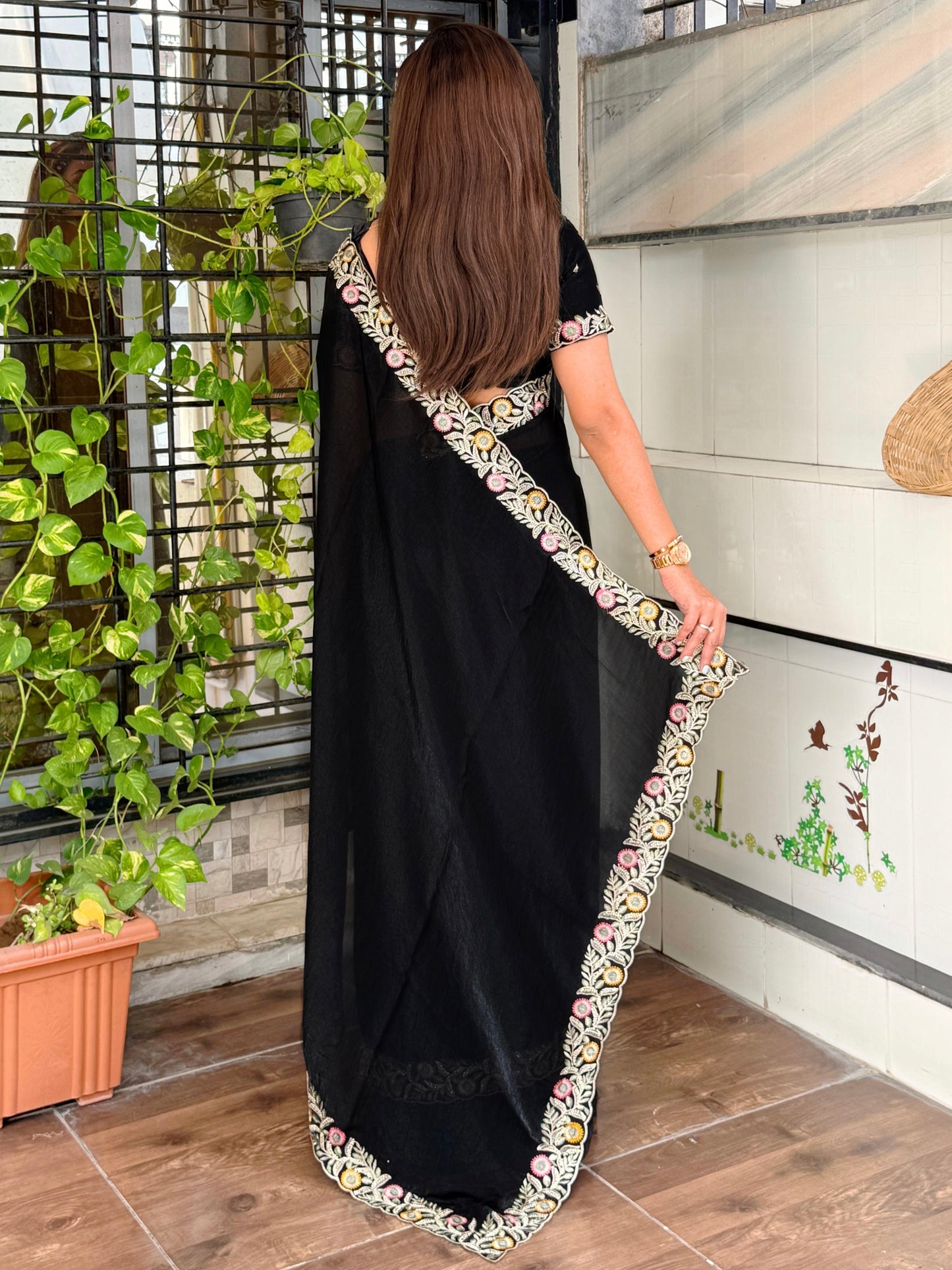 fandy satin saree adorned with intricate zari embroidered choli