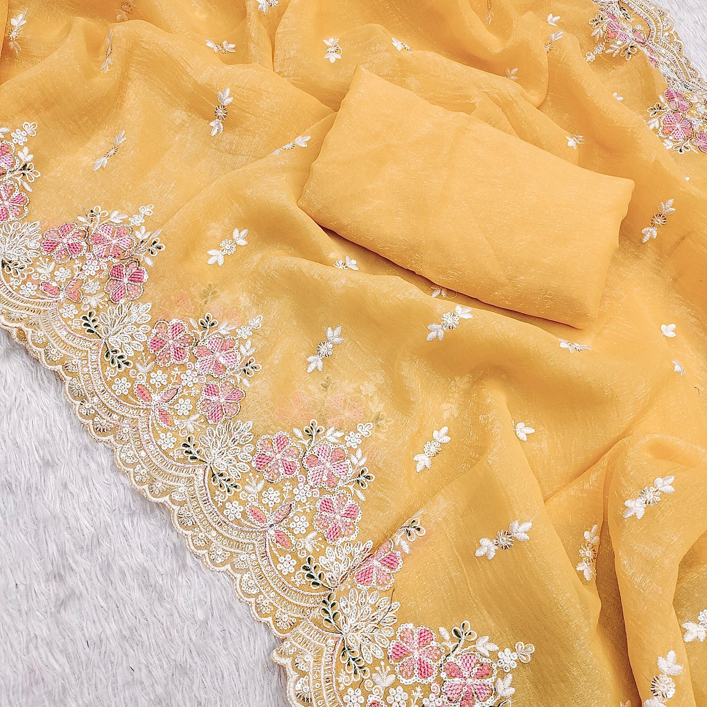 Premium Crunchy With Heavy Embroidery Threads & Sequins Work Saree