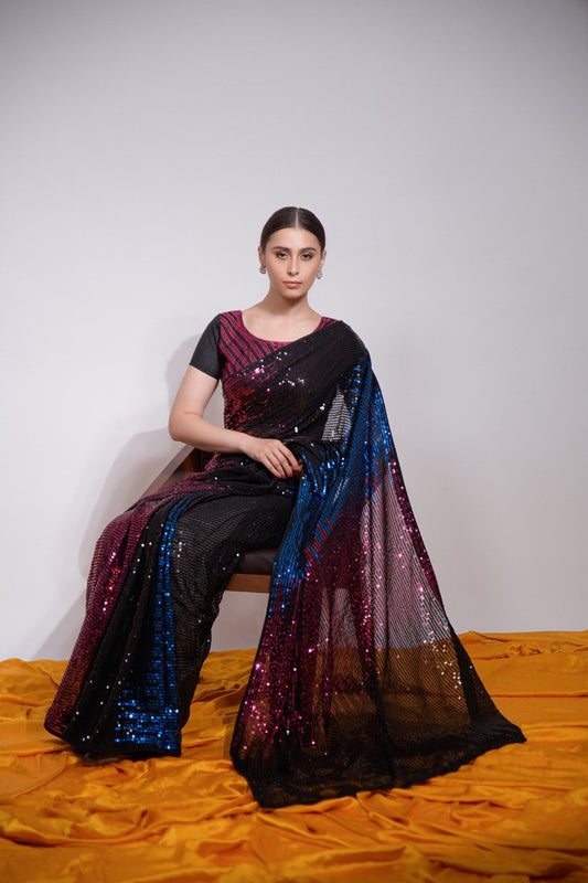 Heavy Georgette Fabric Beautiful Multicolored Sequence embroidery work Saree