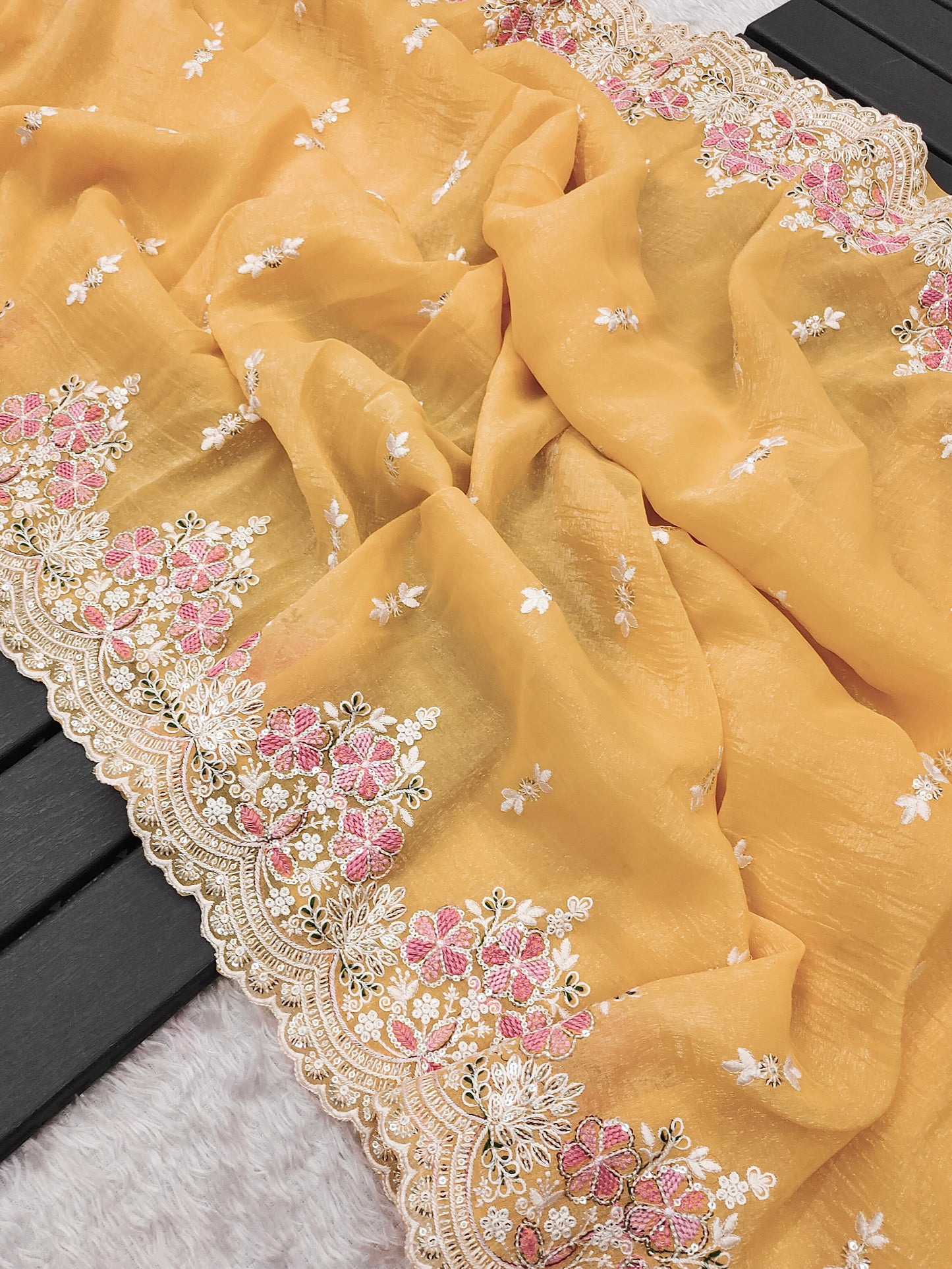 Premium Crunchy With Heavy Embroidery Threads & Sequins Work Saree