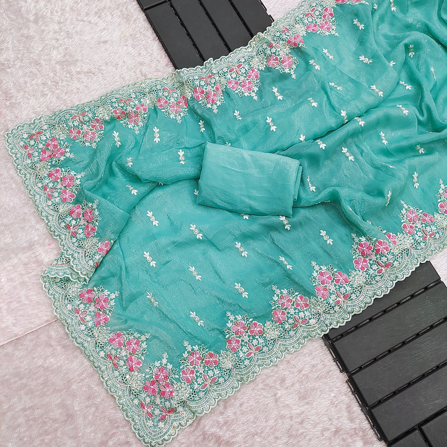 Premium Crunchy With Heavy Embroidery Threads & Sequins Work Saree