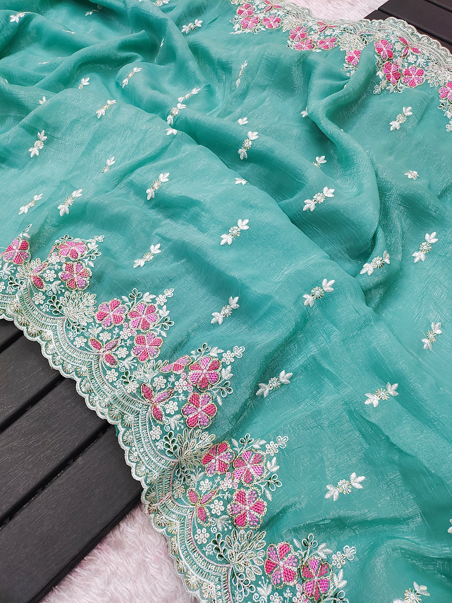 Premium Crunchy With Heavy Embroidery Threads & Sequins Work Saree