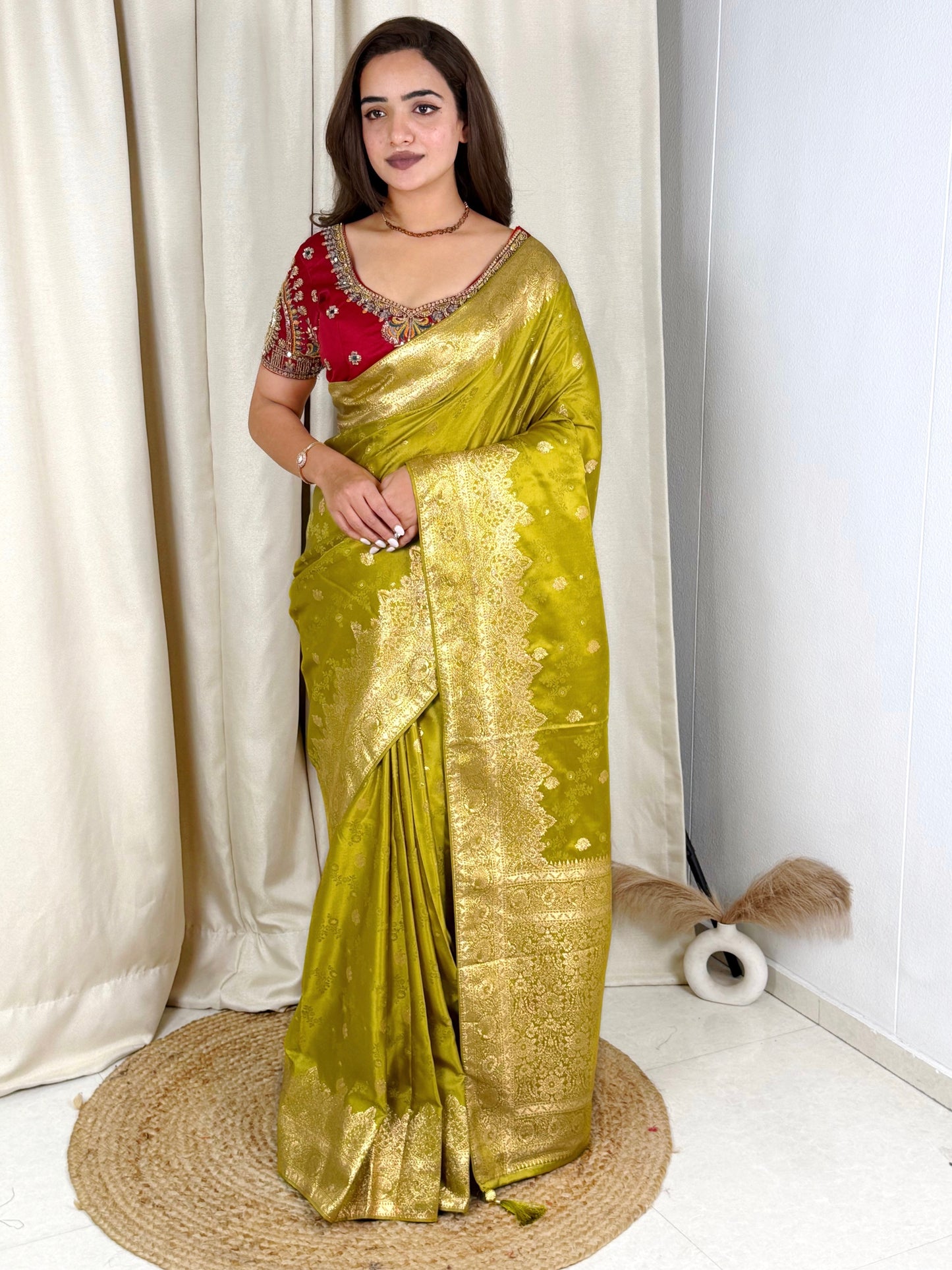 Designer Handwork blouse with this heavy Banarasi satin silk saree