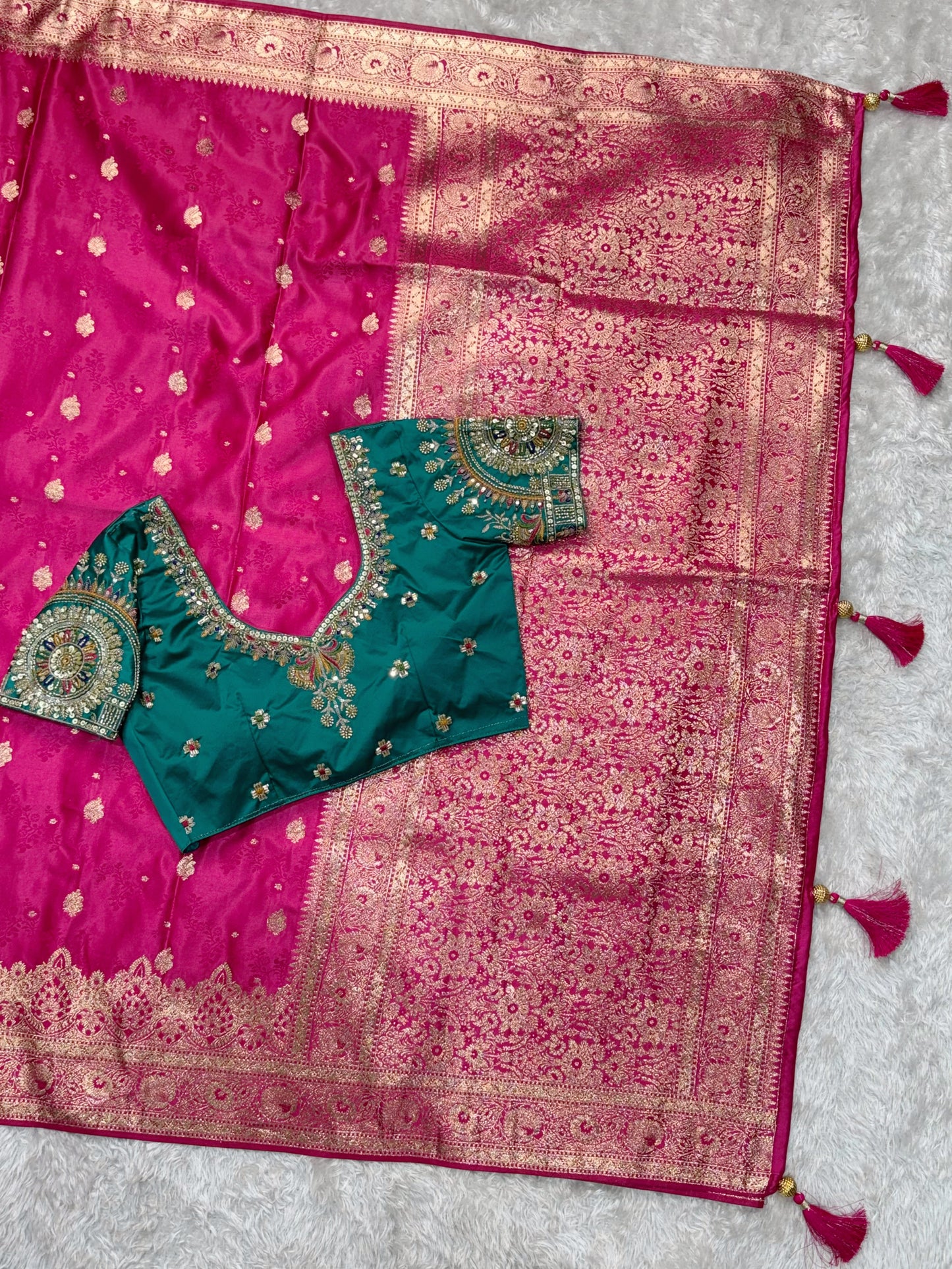 Designer Handwork blouse with this heavy Banarasi satin silk saree