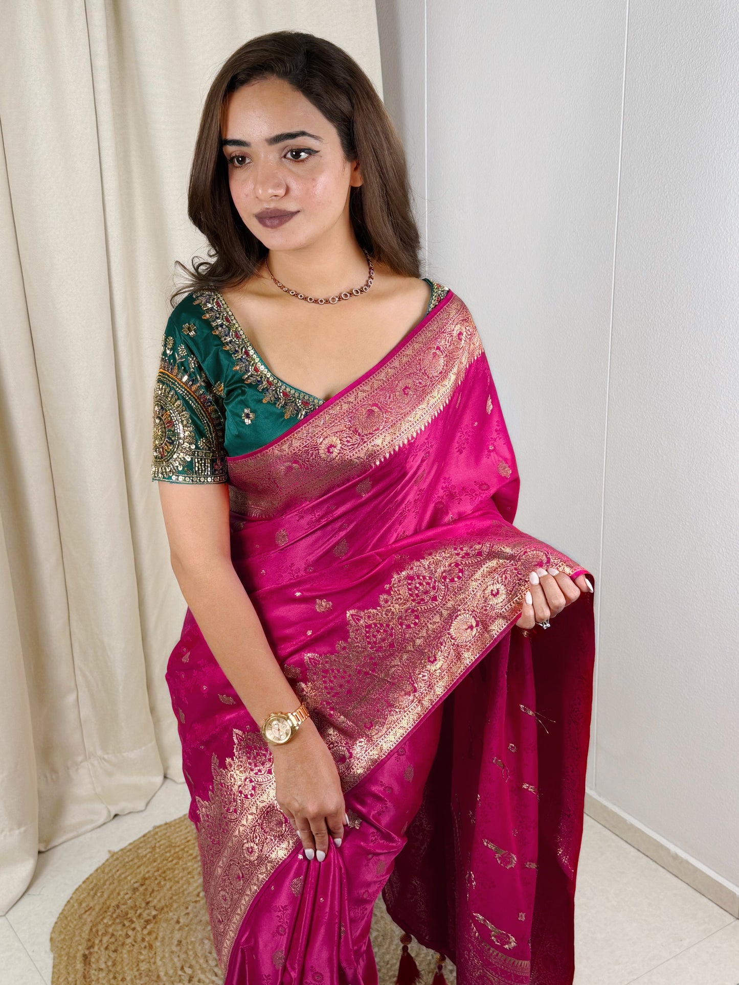 Designer Handwork blouse with this heavy Banarasi satin silk saree