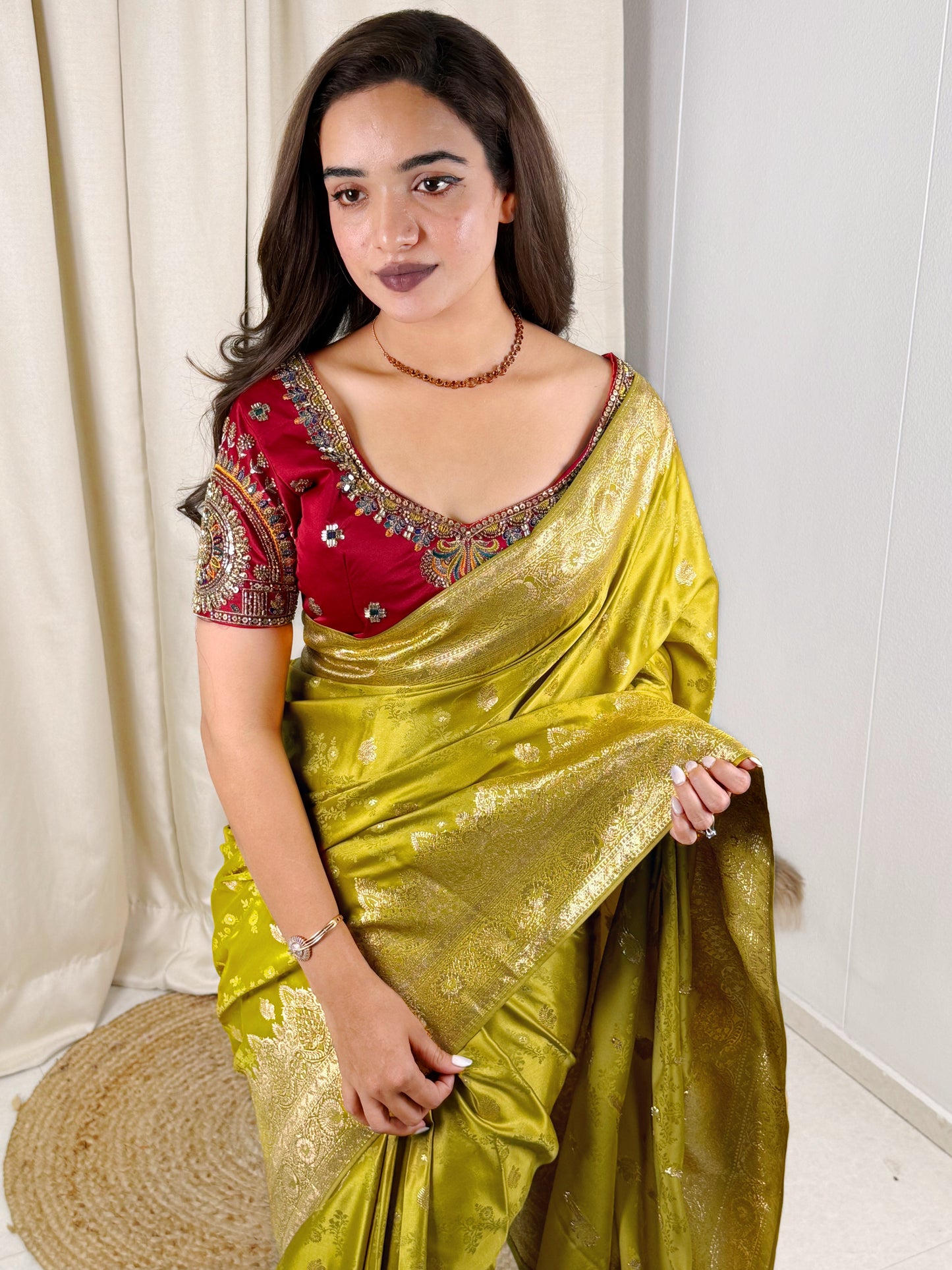 Designer Handwork blouse with this heavy Banarasi satin silk saree