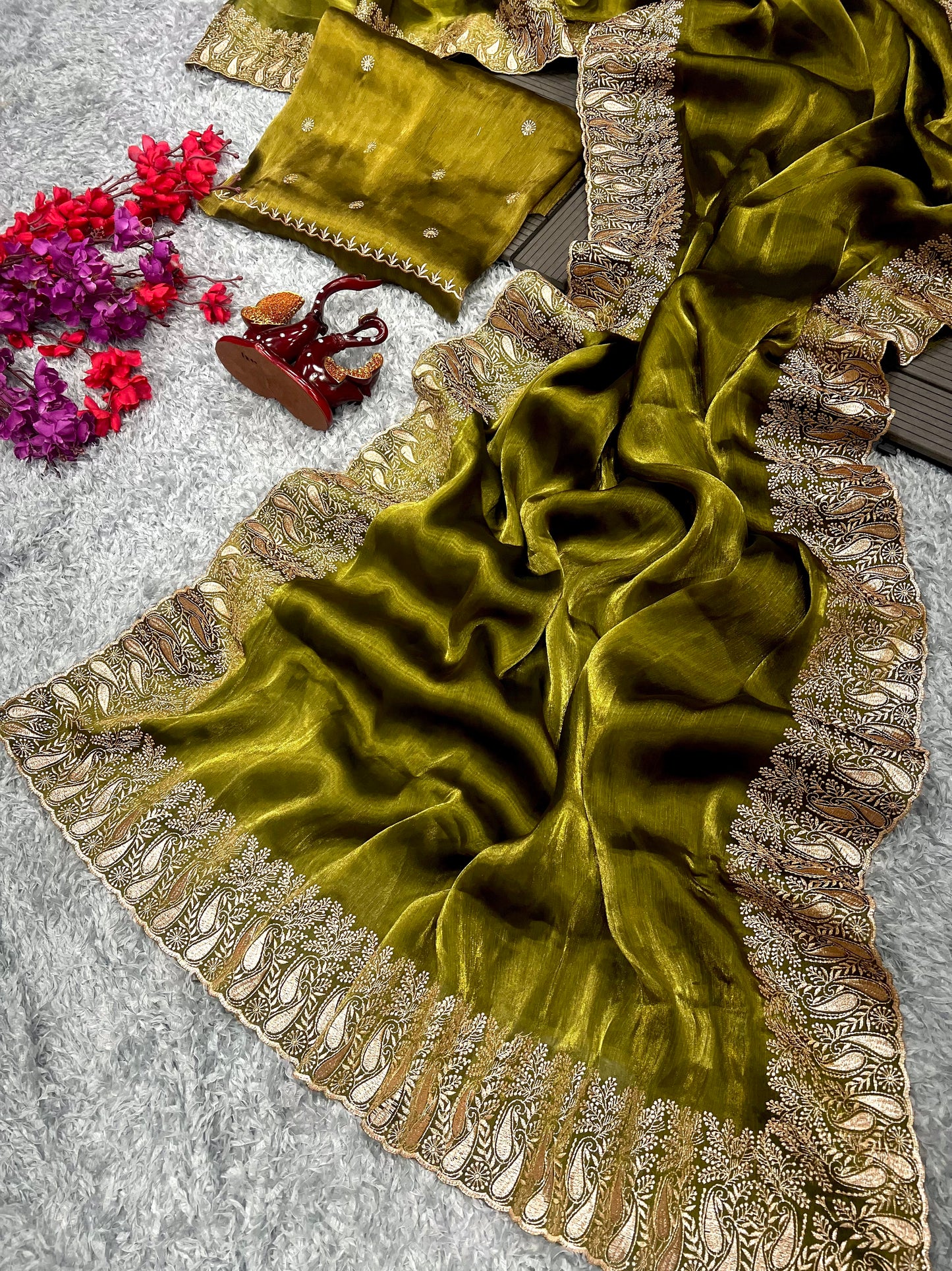 Heavy Berberry silk Beautiful Gold zari Embroidery work Saree