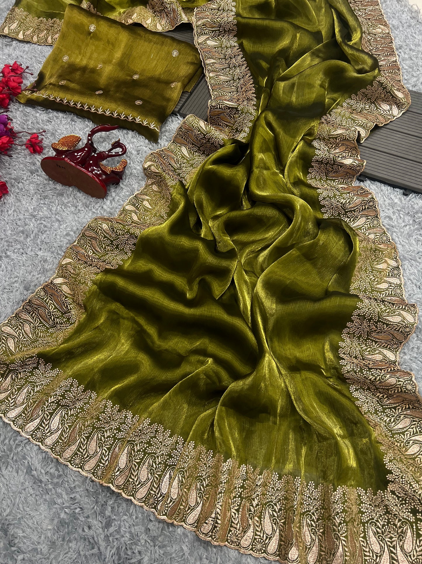 Heavy Berberry silk Beautiful Gold zari Embroidery work Saree