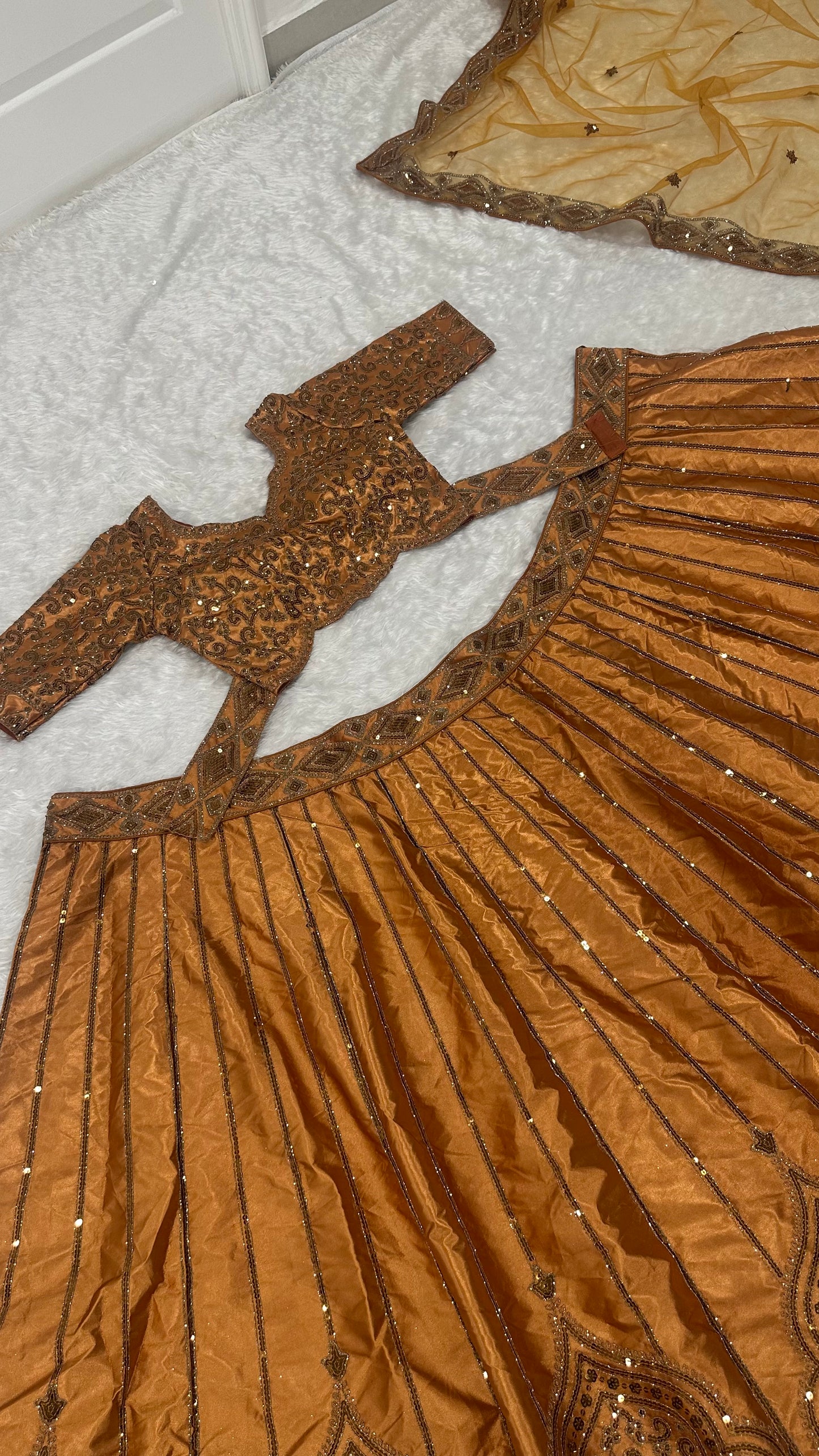 Satin silk lehenga with sequins & Dori work