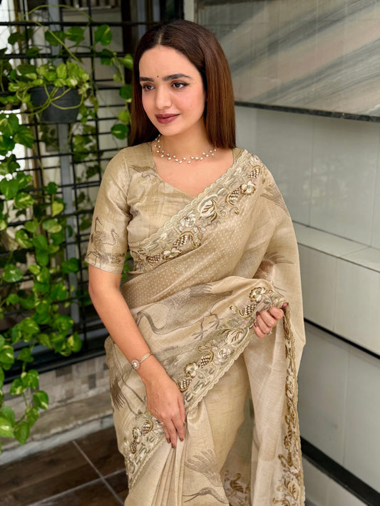 Digital print Embroidered work saree