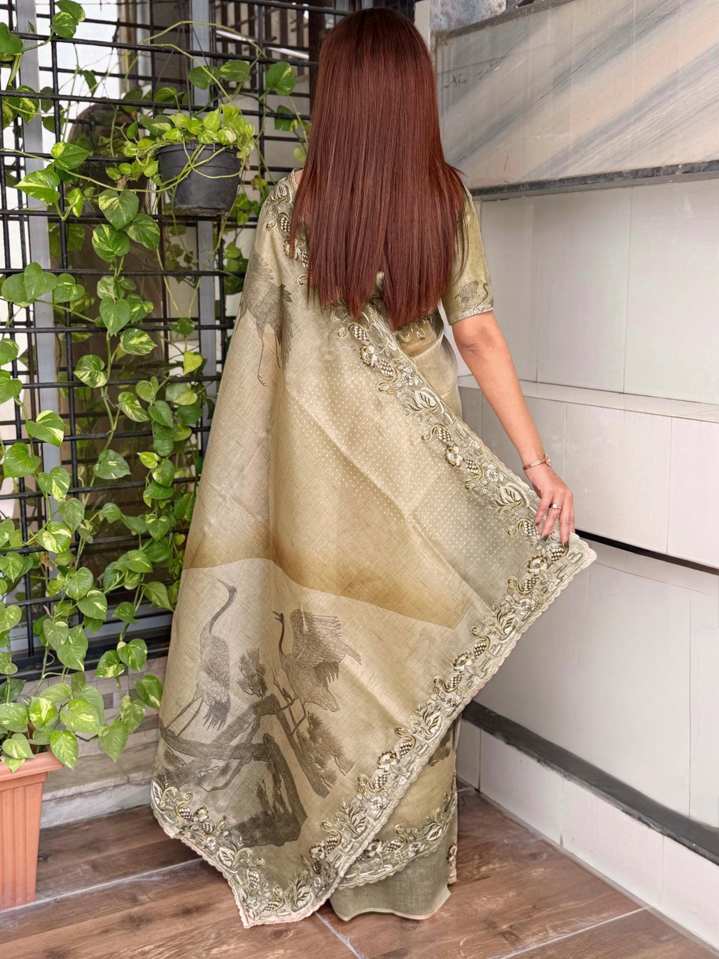 Digital print Embroidered work saree