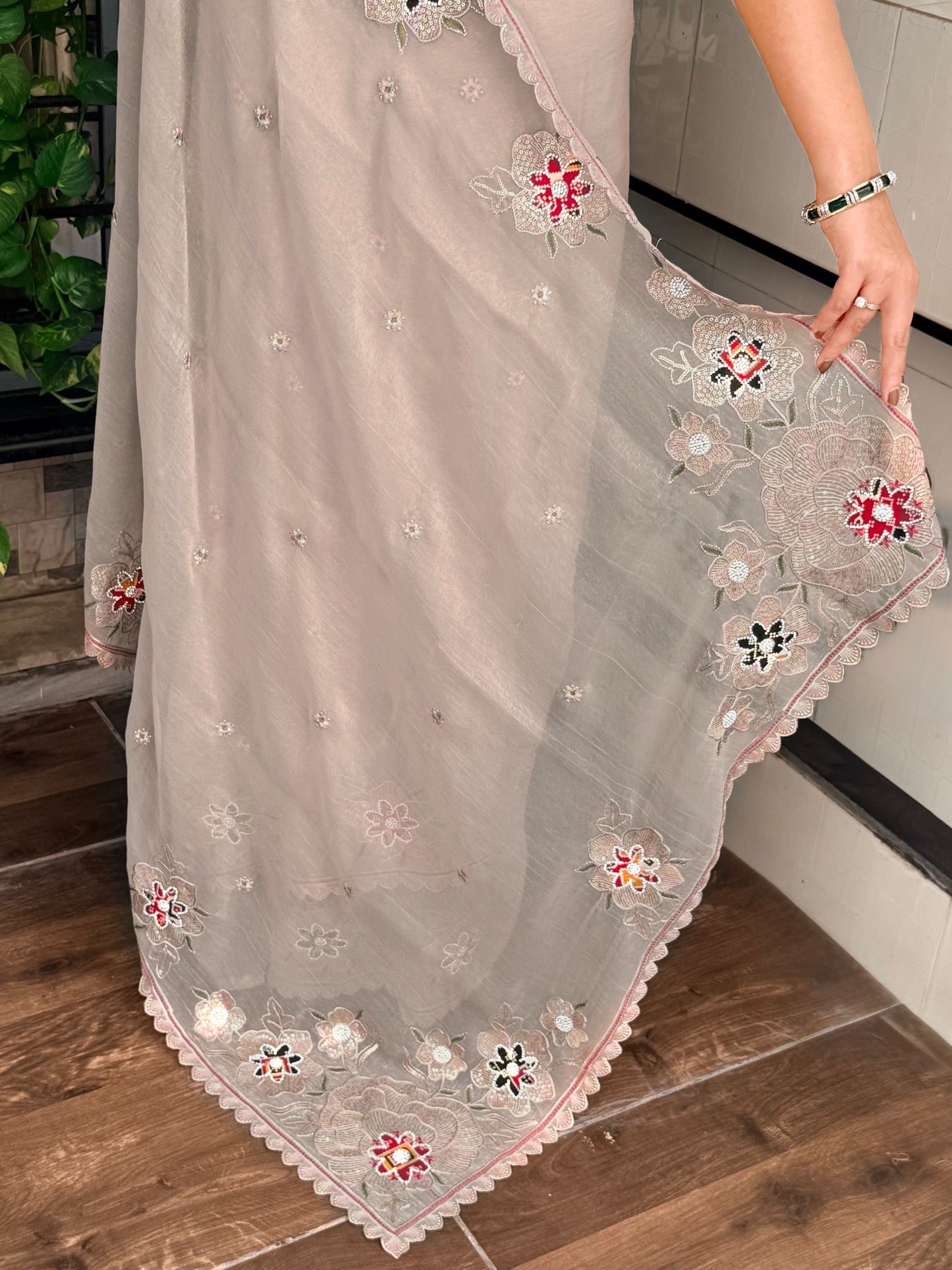 royal elegance pure simmer silk dusty beige saree