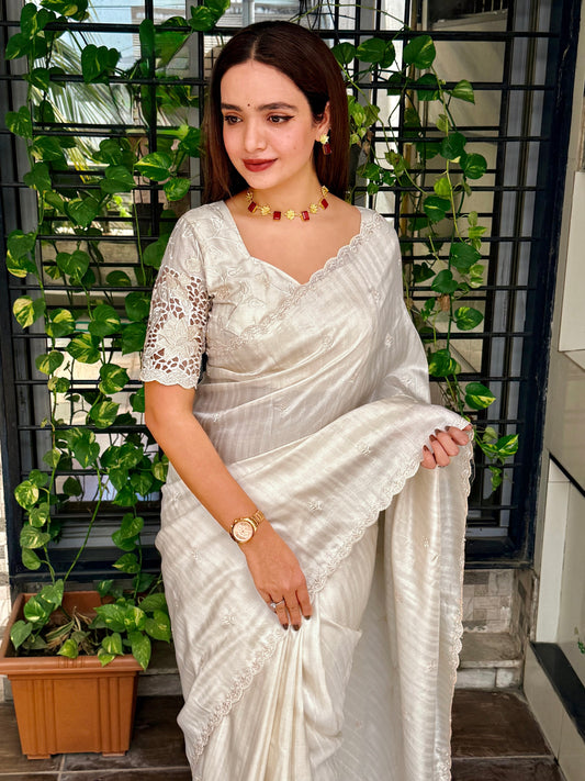 Tusser cotton Thread Embroidery work in saree