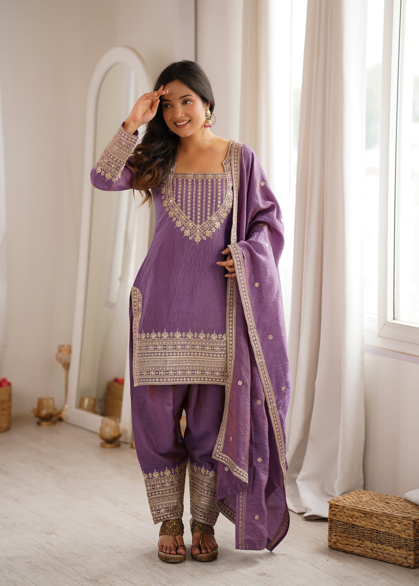 NC VICHITRA SILK FABRIC WITH EMBROIDERY SEQUENCE DORI 3 PEACE