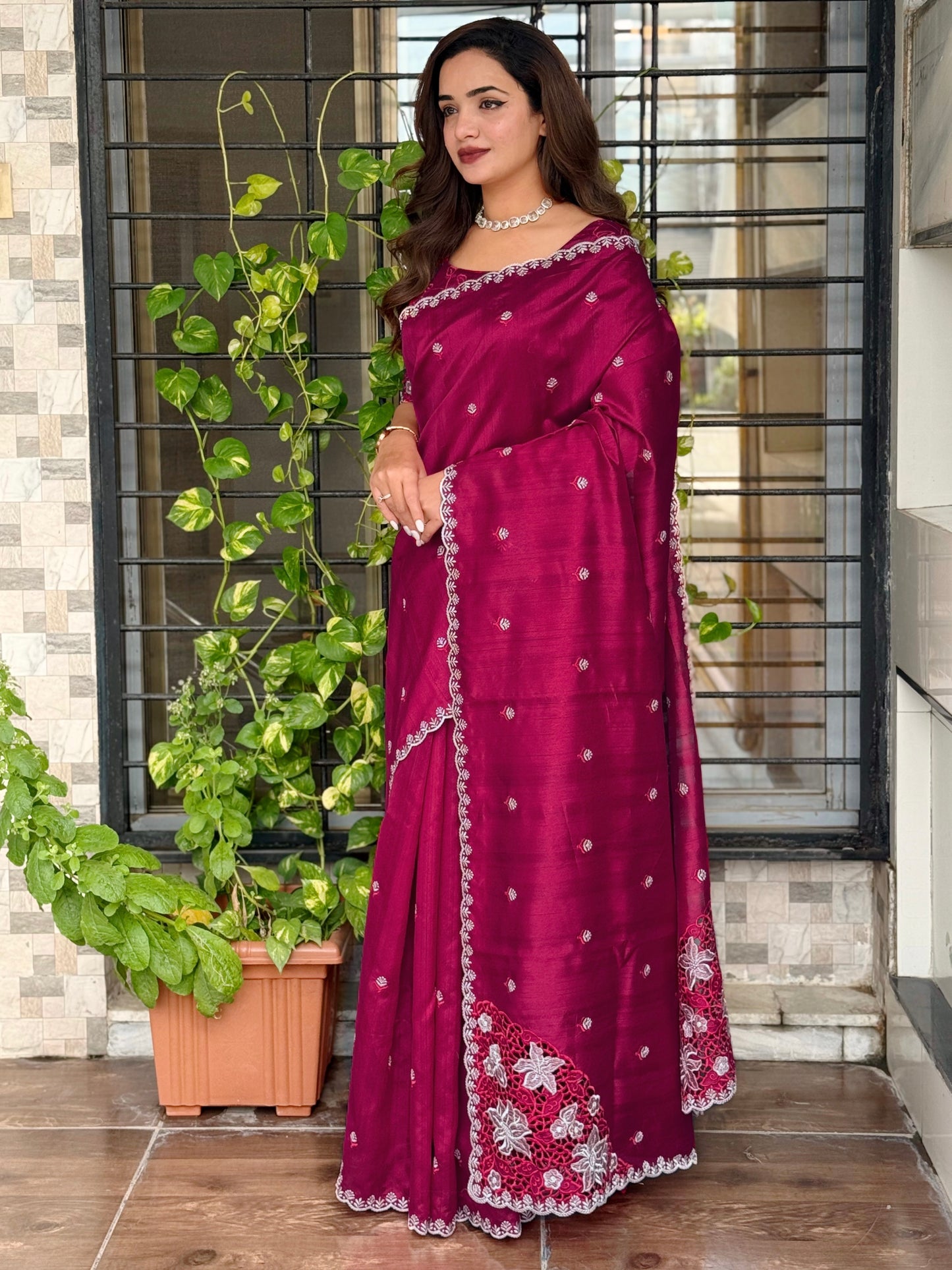 Tusser cotton latest cutwork saree