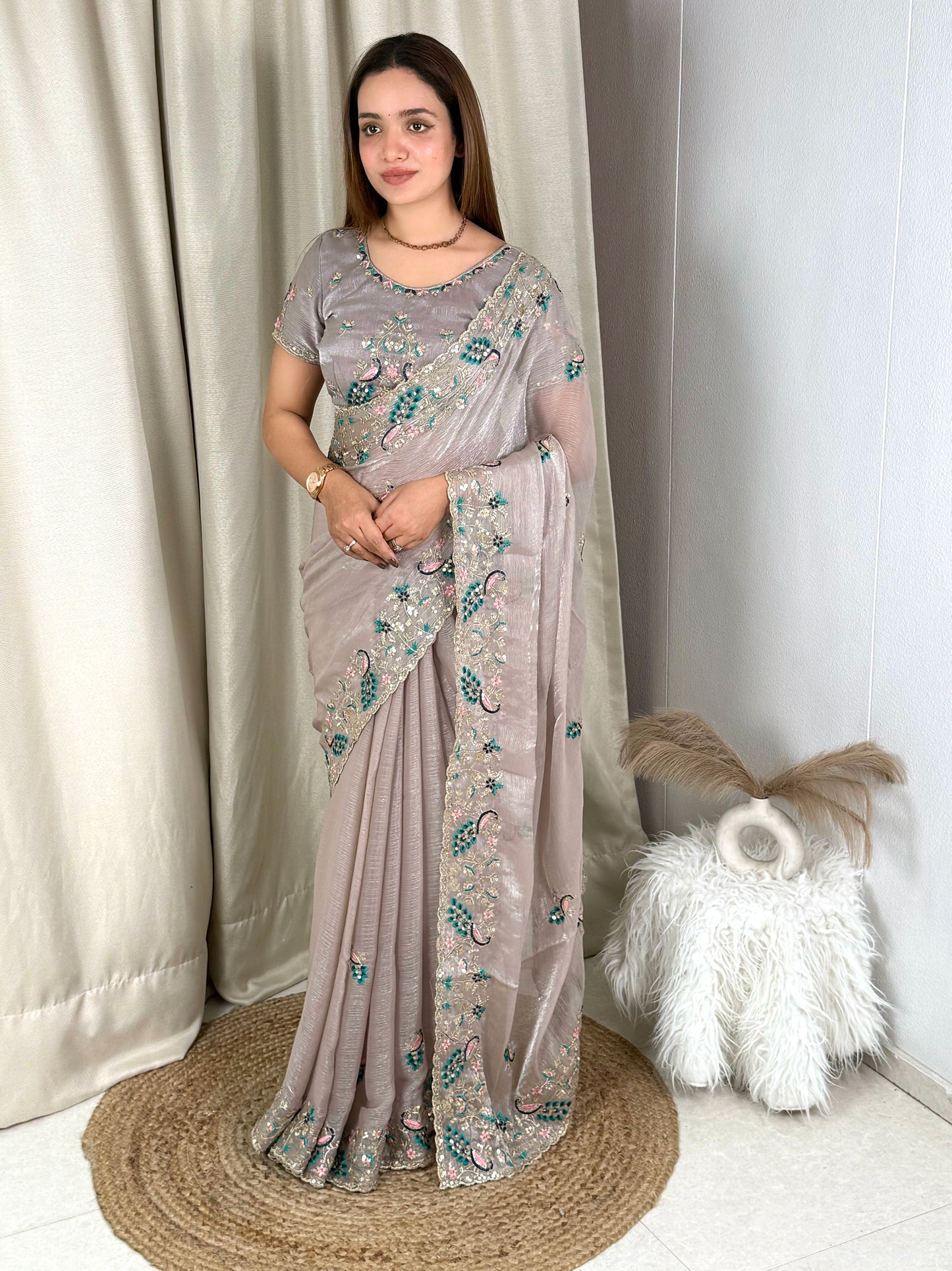 Fandy chiffon Sequins & multi thread embroidered work in saree