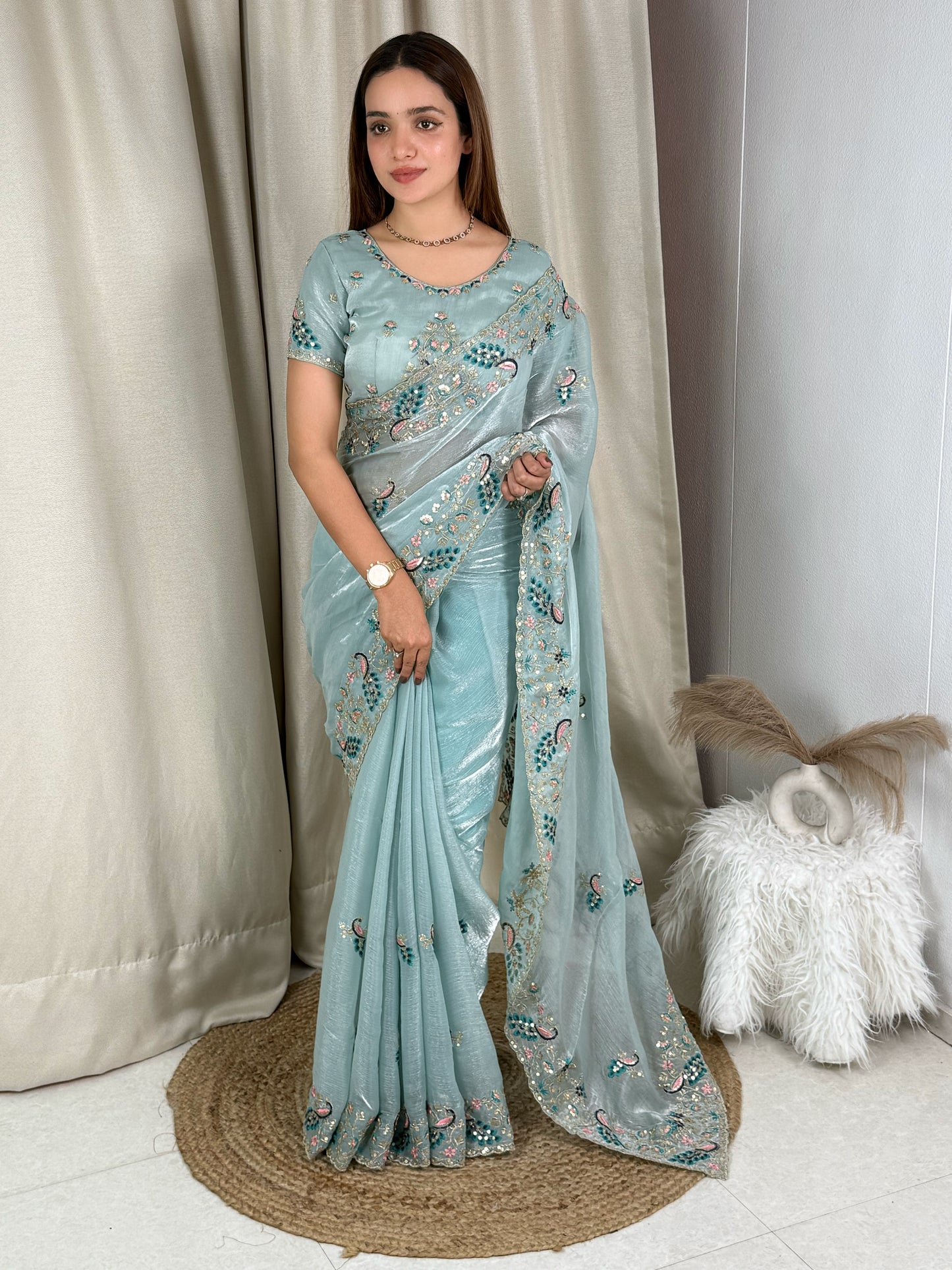 Fandy chiffon Sequins & multi thread embroidered work in saree