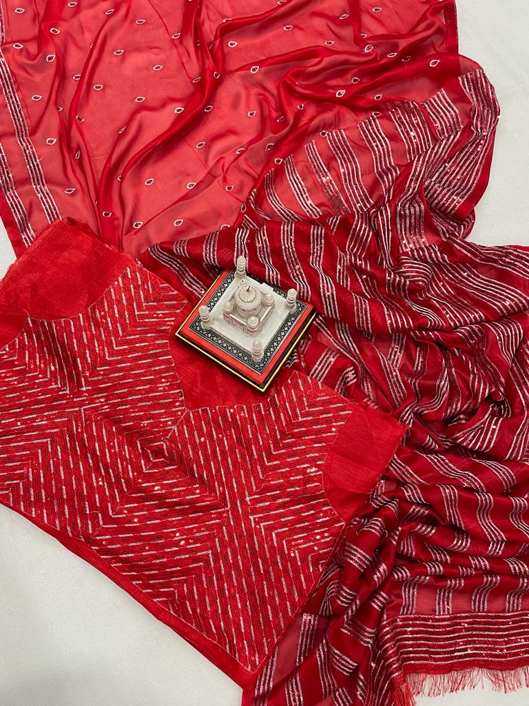 RED COLOUR  COTTON THREAD AND SEQUNCE SAREE