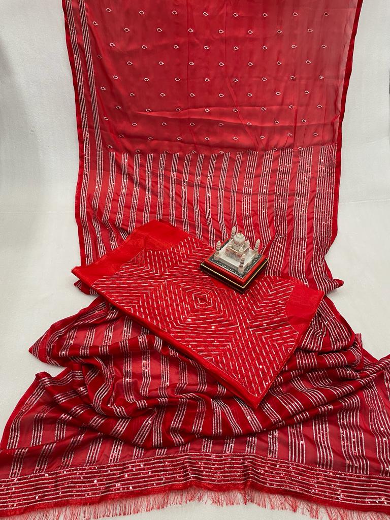 RED COLOUR  COTTON THREAD AND SEQUNCE SAREE