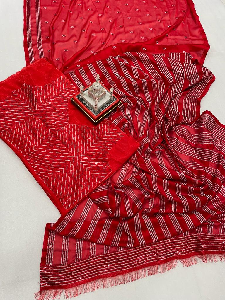 RED COLOUR  COTTON THREAD AND SEQUNCE SAREE