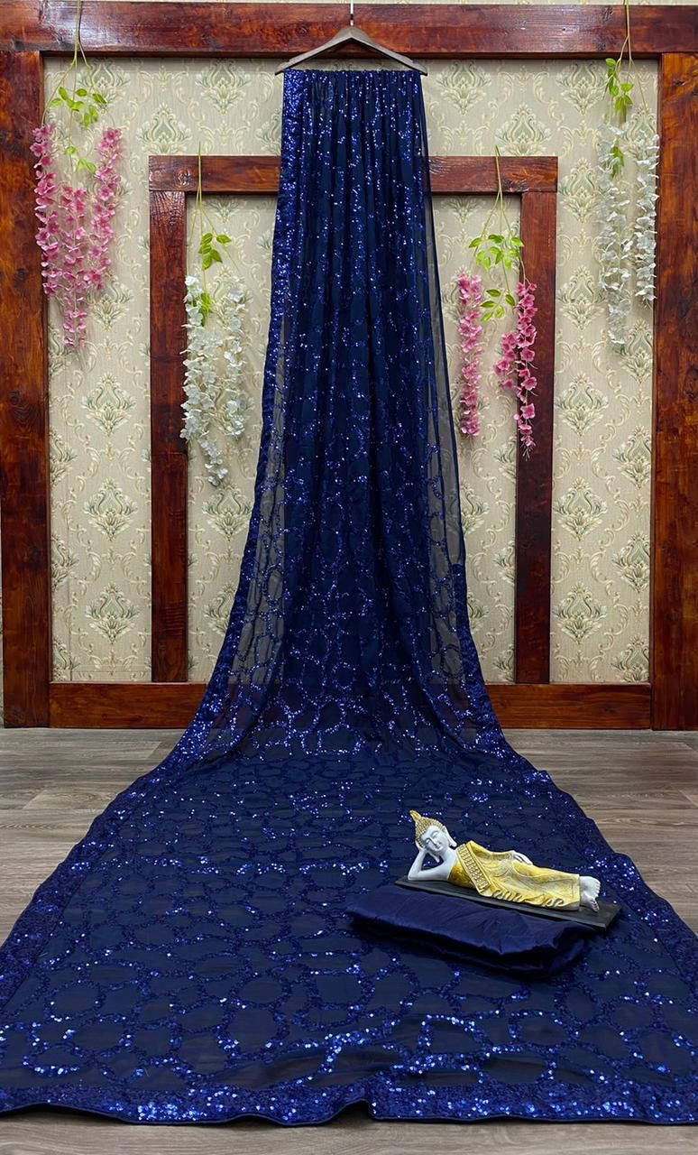 DARK BLUE NEW PARTY WEAR WINE SEQUANCE WITH EMBROIDERED WORK SAREE WITH BLOUSE