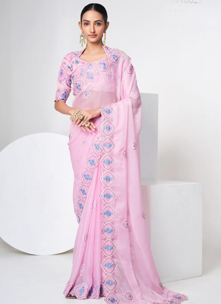 ORGANZA FABRIC BABY PINK  COLOUR EMBLISHED TWO TYPE SEQUNCE  SAREE