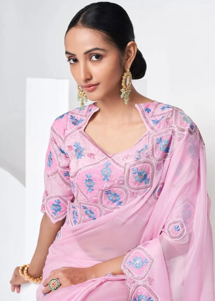 ORGANZA FABRIC BABY PINK  COLOUR EMBLISHED TWO TYPE SEQUNCE  SAREE