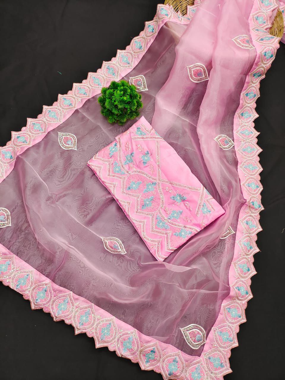 ORGANZA FABRIC BABY PINK  COLOUR EMBLISHED TWO TYPE SEQUNCE  SAREE