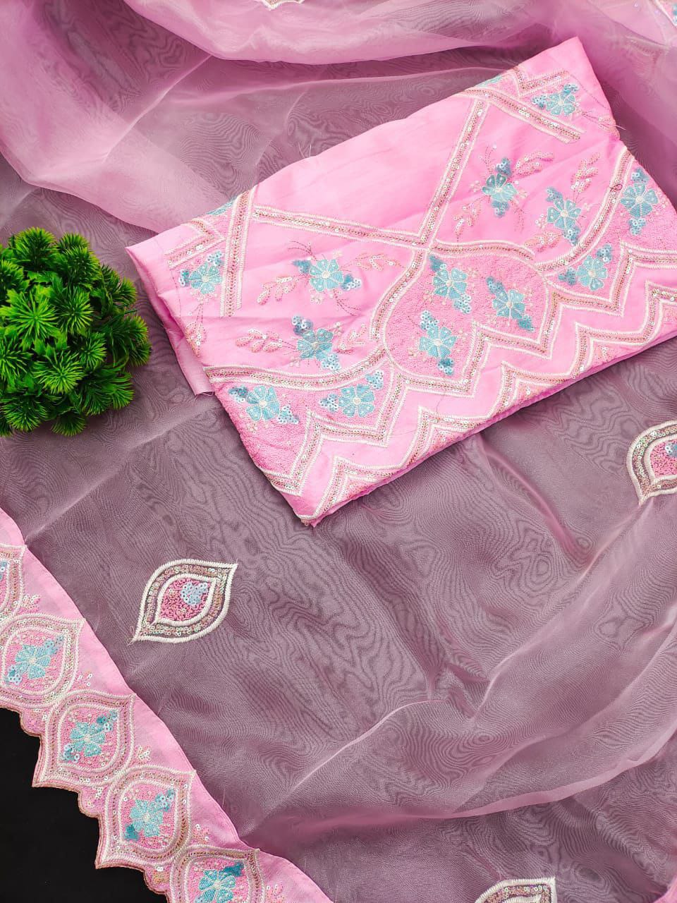 ORGANZA FABRIC BABY PINK  COLOUR EMBLISHED TWO TYPE SEQUNCE  SAREE