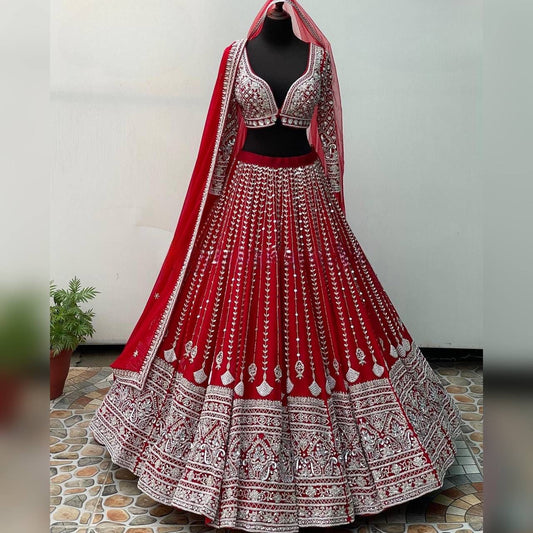 RED COLOUR DESIGNER  SEQUNCE LEHENGA CHOLI