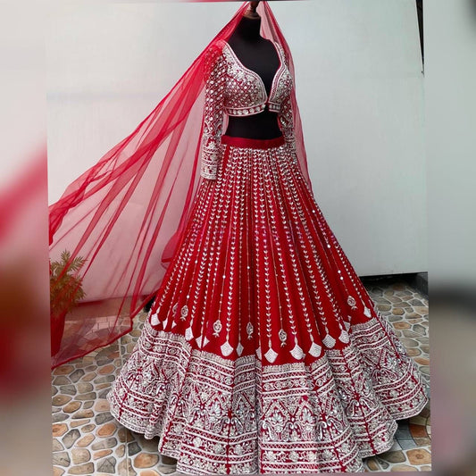 RED COLOUR DESIGNER  SEQUNCE LEHENGA CHOLI