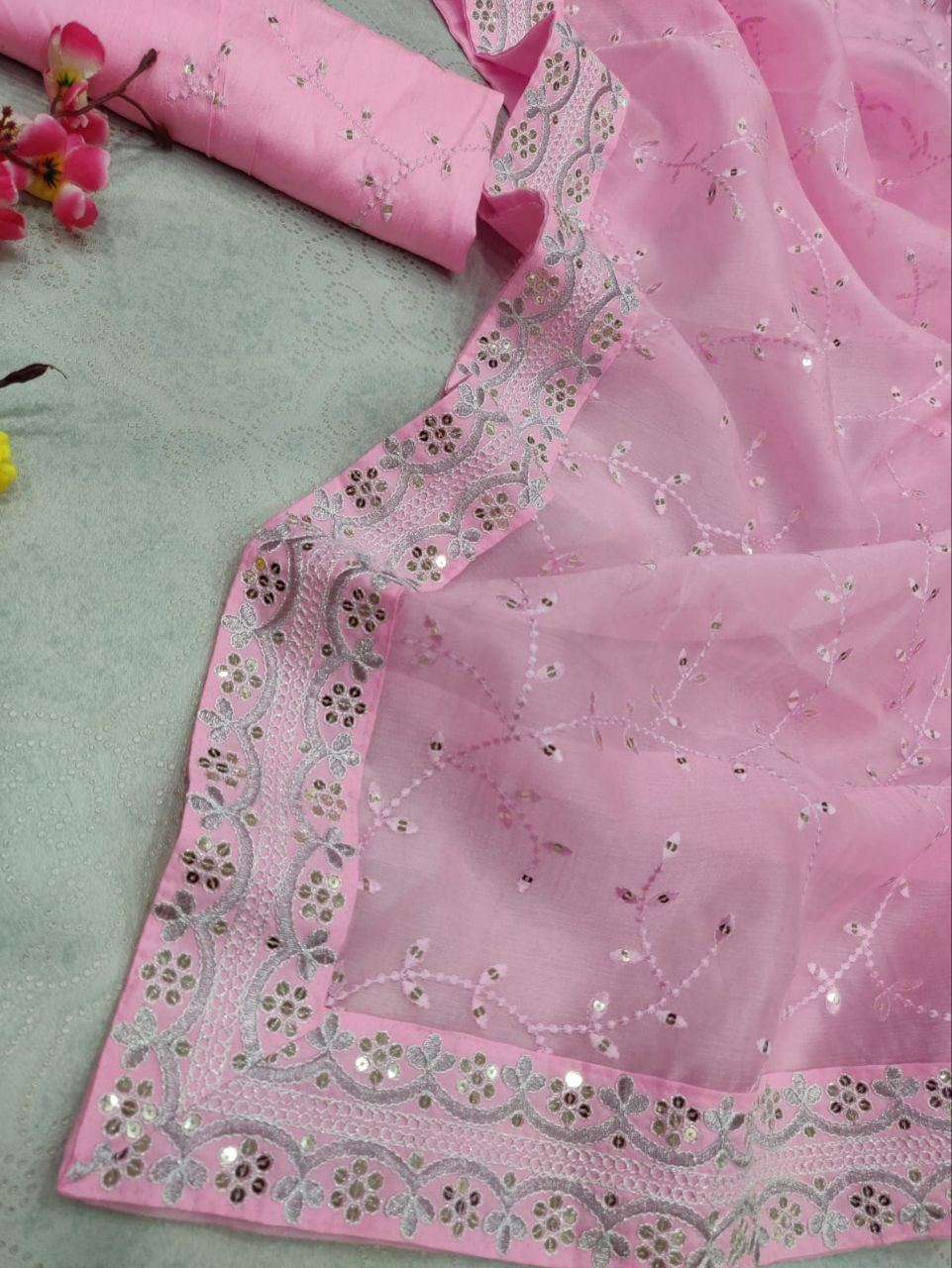 HEAVY ORGANZA FABRIC EMBROIDERY SEQUNCE WORK SAREE