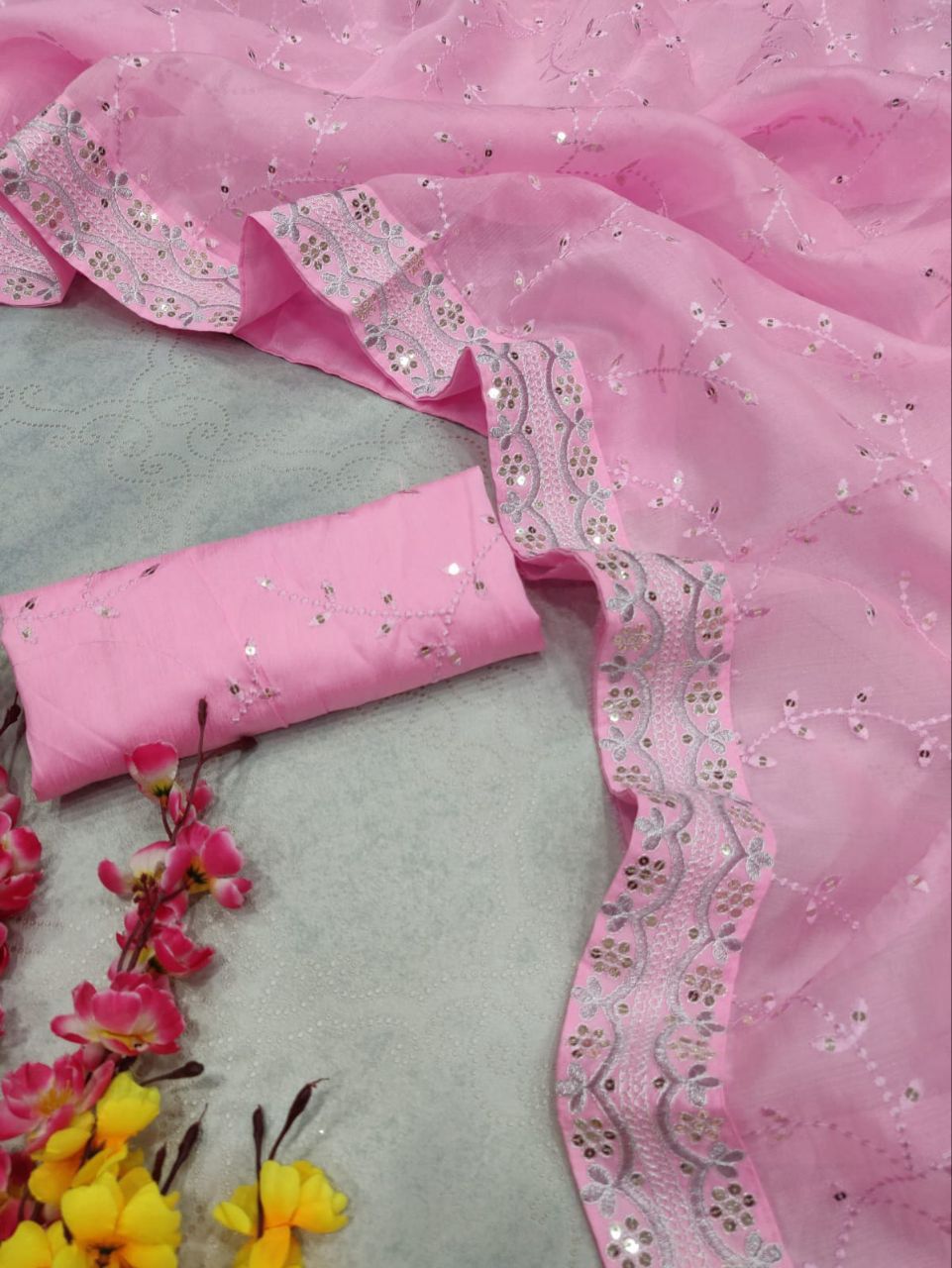 HEAVY ORGANZA FABRIC EMBROIDERY SEQUNCE WORK SAREE