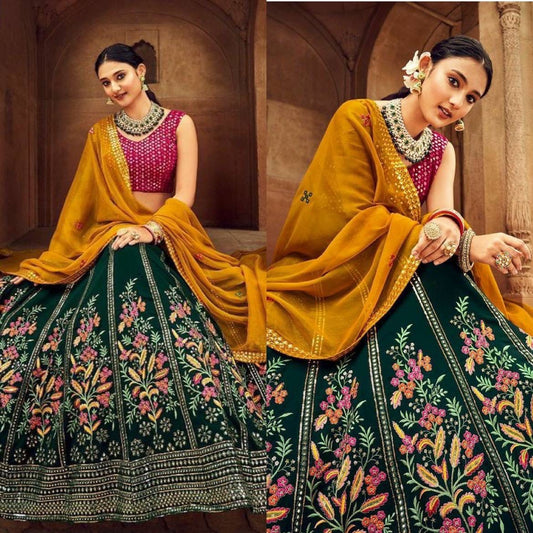 GREEN LEHENGA ,PINK CHOLIAND YELLOW DUPATTA  LEHENGA CHOLI